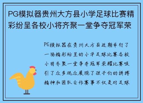 PG模拟器贵州大方县小学足球比赛精彩纷呈各校小将齐聚一堂争夺冠军荣耀