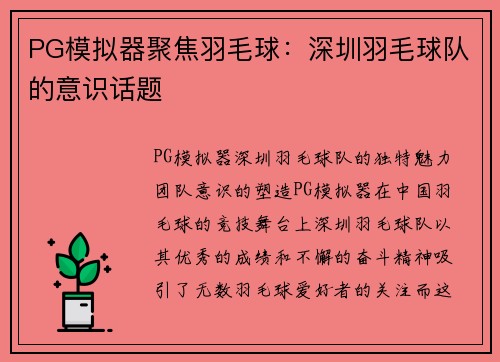 PG模拟器聚焦羽毛球：深圳羽毛球队的意识话题